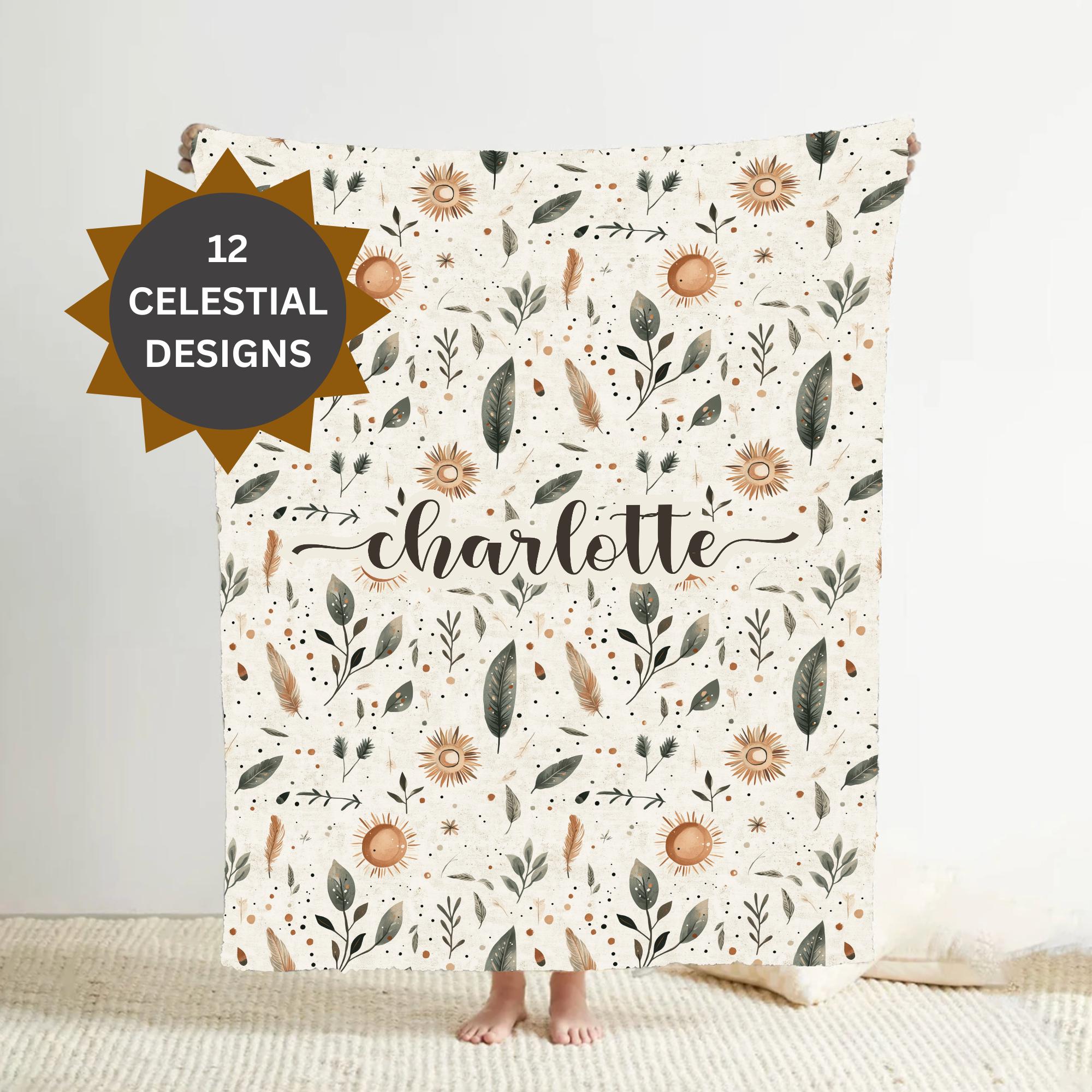 Personalized Celestial Moon Blanket Custom Name Blanket for Baby Girl Blanket Neutral Boho Feather Baby Shower Gift New Mom Blanket Gift