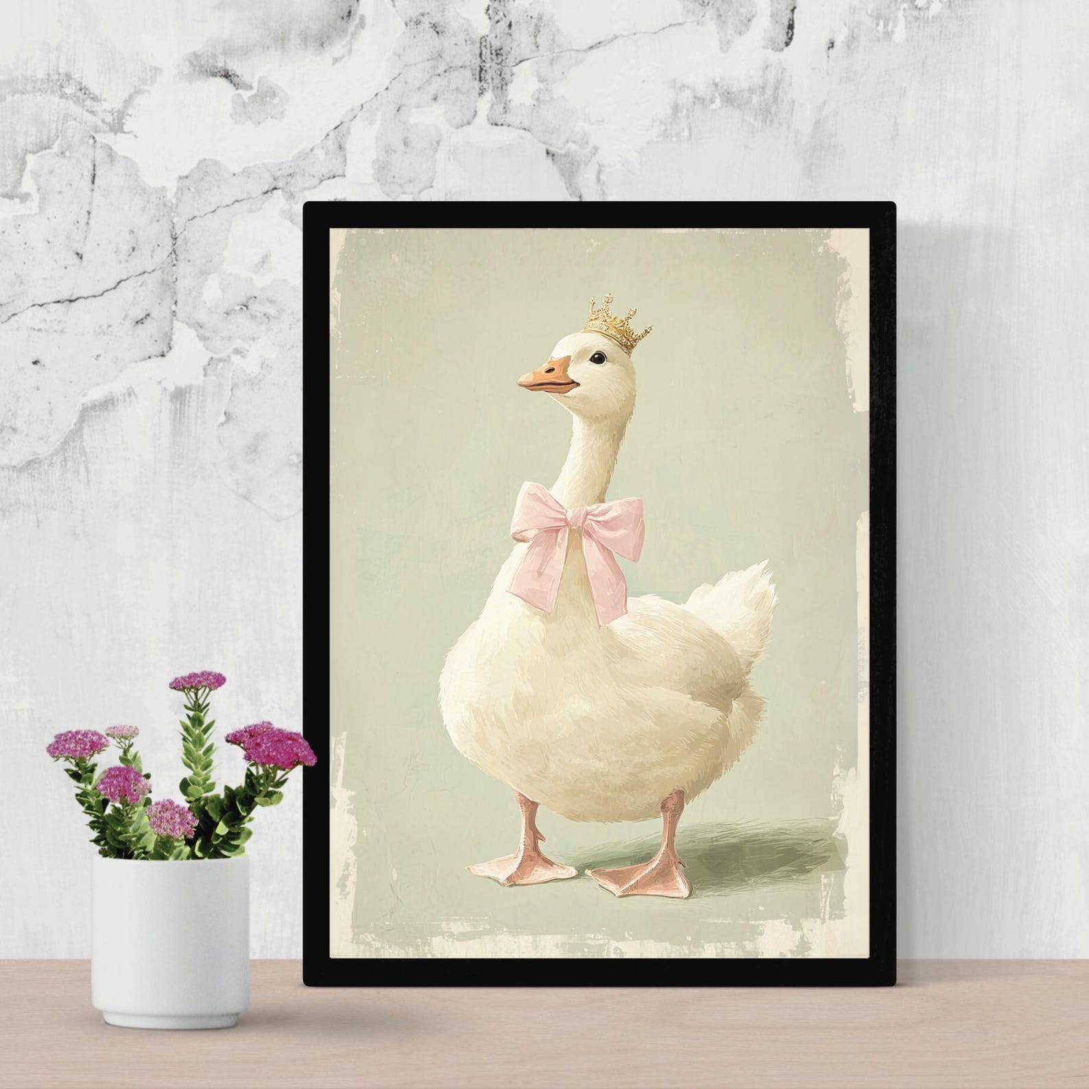 Vintage Goose Nursery Wall Art Print Baby Room Coquette Pink Bow ...
