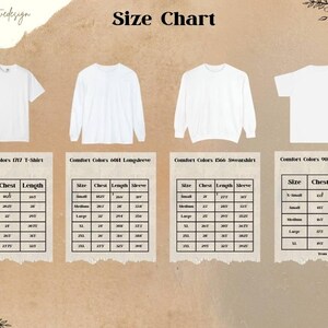 Puede incluir: Una tabla de tallas para varias camisetas blancas, mangas largas y una sudadera. La tabla incluye medidas de pecho y largo en cent&iacute;metros para diferentes tallas. El texto "Size Chart" est&aacute; en la parte superior.