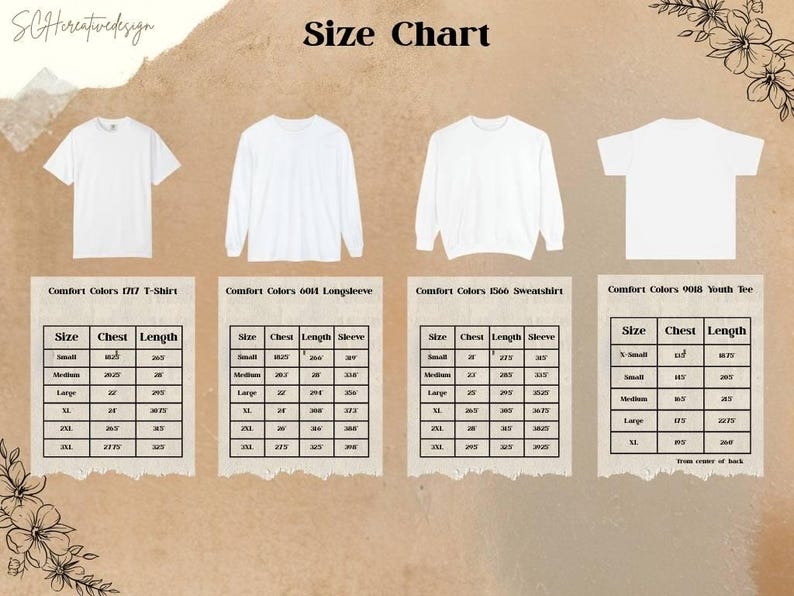 Puede incluir: Una tabla de tallas para varias camisetas blancas, mangas largas y una sudadera. La tabla incluye medidas de pecho y largo en cent&iacute;metros para diferentes tallas. El texto "Size Chart" est&aacute; en la parte superior.
