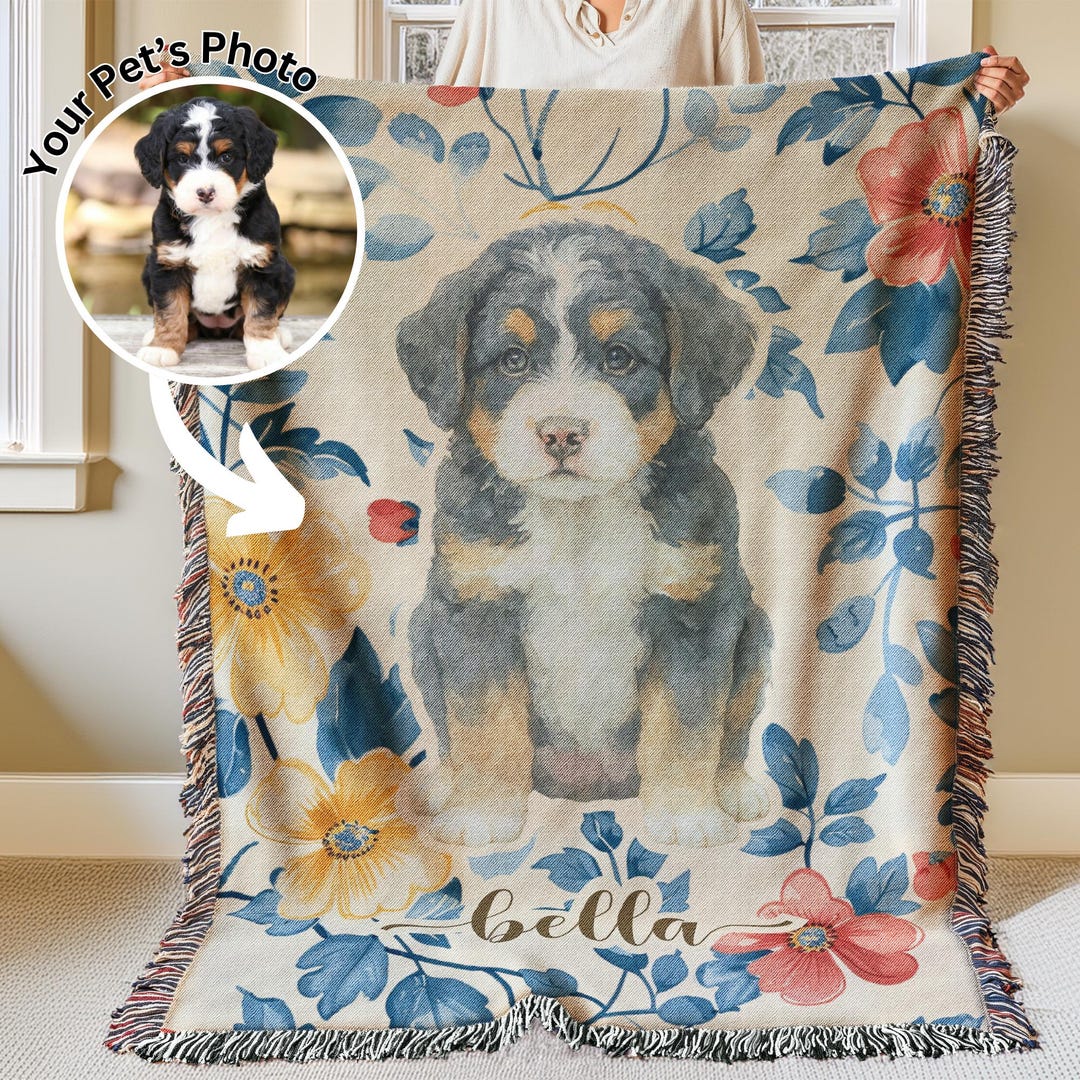 Personalized Pet Photo Blanket Dog Name Blanket Floral Custom Pet ...