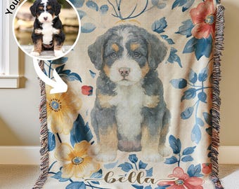 Personalized Pet Photo Blanket Dog Name Blanket Floral Custom Pet Memorial Blanket for Puppy Dog Bedding Blanket Pet Lover Gift for Dog Mom