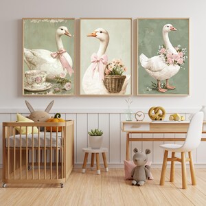 Vintage Goose Nursery Wall Art Print Baby Room Coquette Pink Bow ...