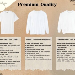 Puede incluir: Una exhibici&oacute;n de productos con tres camisetas blancas Comfort Colors: una camiseta, una manga larga y una sudadera. Cada camisa se muestra sobre un fondo neutro con informaci&oacute;n detallada del producto. El texto dice "Premium Quality".