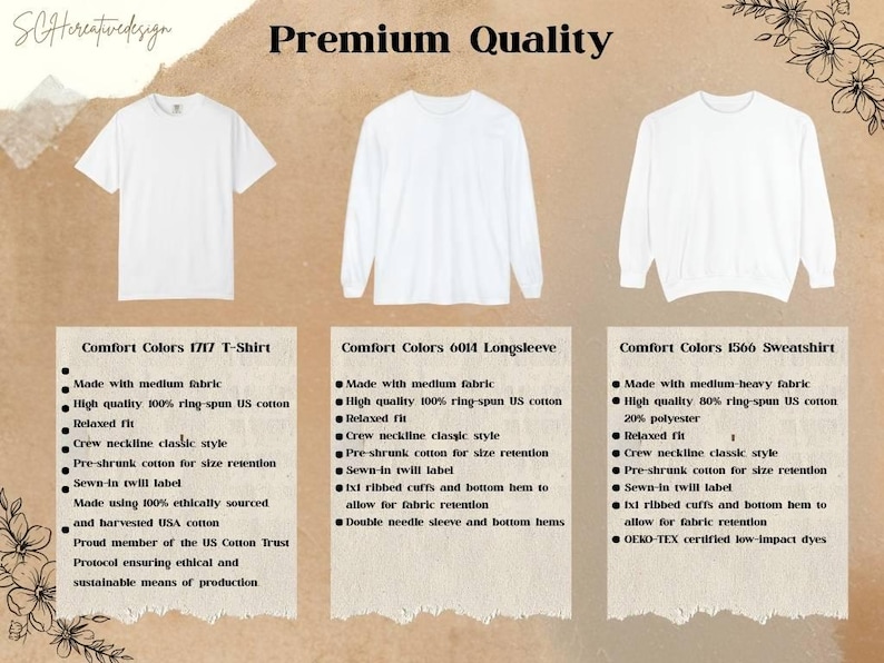 Puede incluir: Una exhibici&oacute;n de productos con tres camisetas blancas Comfort Colors: una camiseta, una manga larga y una sudadera. Cada camisa se muestra sobre un fondo neutro con informaci&oacute;n detallada del producto. El texto dice "Premium Quality".