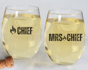 Custom Couples Wineglass Set for Fire Chief Wife Couples Anniversary Gift Stemless Wine Glass Gift for Fire Wife Custom Fire Department Gift