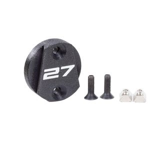 May include: A black plastic bike stem cap with the number "27" printed in white. The cap comes with two black screws and two silver nuts.