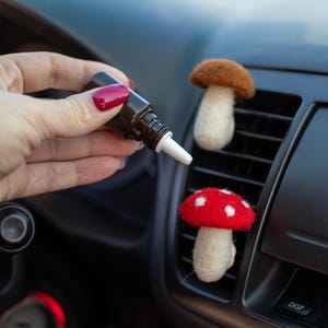 May include: A hand holds a small brown bottle with a white dropper tip. The bottle is being used to add fragrance to a felt mushroom car air freshener. The mushroom is red with white polka dots and has a white stem. There is another felt mushroom air freshener in the background, which is brown with a white stem.