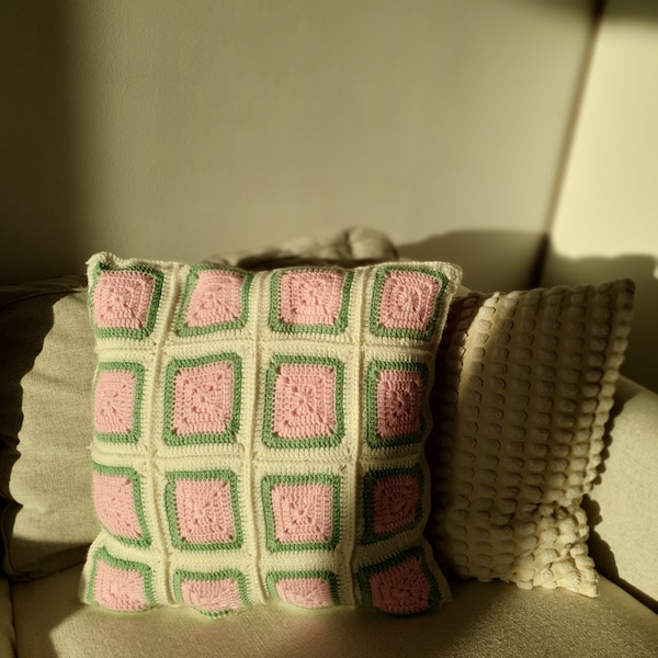 Housse de coussin, Housse de coussin tricoté, Housse d'oreiller tricot, Housse Oreiller, Tricot à la main, Vert, Rose, Blanc,