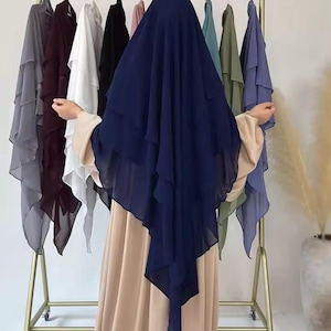 3 Layers Chiffon Long Khimar for Women Muslim Hijab Prayer Eid 2025 Hijabs Headscarf Shawl Veil Long Three-Layer (navy blue)