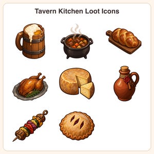 May include: A collection of Tavern Kitchen Loot Icons featuring a wooden beer mug, a steaming stew pot, a braided loaf on a board, a roasted chicken, a wheel of cheese, a clay jug, a vegetable skewer, and a fruit pie, all arranged in a grid.