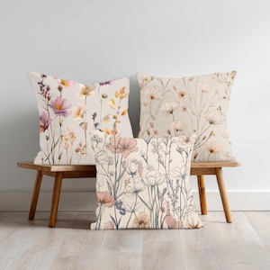 Boho Floral Throw Pillow Cover: Linen Blend Accent Cushion