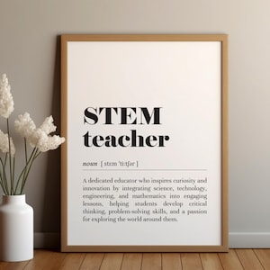 Könnte beinhalten: Eine druckbare Definition eines STEM-Lehrers, mit dem Text "STEM teacher" in Fettdruck, gefolgt von der Definition: "Ein engagierter Pädagoge, der Neugier und Innovation weckt, indem er Naturwissenschaften, Technologie, Ingenieurwesen und Mathematik in ansprechende Unterrichtsstunden integriert und den Schülern hilft, kritisches Denken, Problemlösungsfähigkeiten und eine Leidenschaft für die Erkundung der Welt um sie herum zu entwickeln."