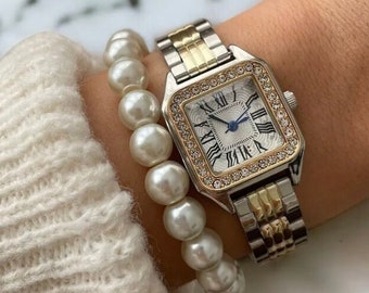 Wrist Watch for Women, Gift for Her, Gold, Silver Stone Color, Vintage Design, Adjustable Band, White Dial, Gift for Lover