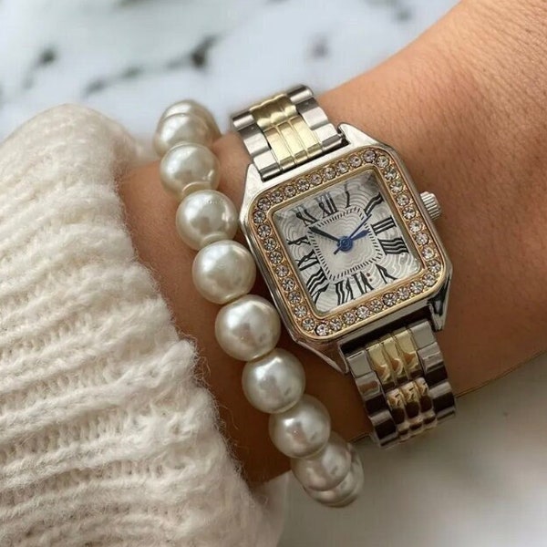Montre-bracelet pour femme, cadeau pour elle, couleur pierre or et argent, design vintage, bracelet réglable, cadran blanc, cadeau pour amoureux
