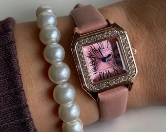 Wrist Watch for Women, Gift for Her, Pink Crystal Color, Vintage Design, Adjustable Band, Pink Dial, Special Gift for Lover and Mother