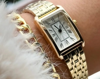Elegante Vintage Minimalist Gold Damenuhr Quadratisches Design; Uhr für Frauen, Geschenk für sie, Vintage Design, robuste Schnalle