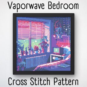 May include: Cross stitch pattern depicting a vaporwave bedroom with a window, plants, and a computer. The room is decorated in a retro-futuristic style with neon colours and geometric patterns.