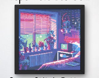 Vaporwave Bedroom Cross Stitch Pattern: 80s Retrowave Lofi (PDF Pattern)