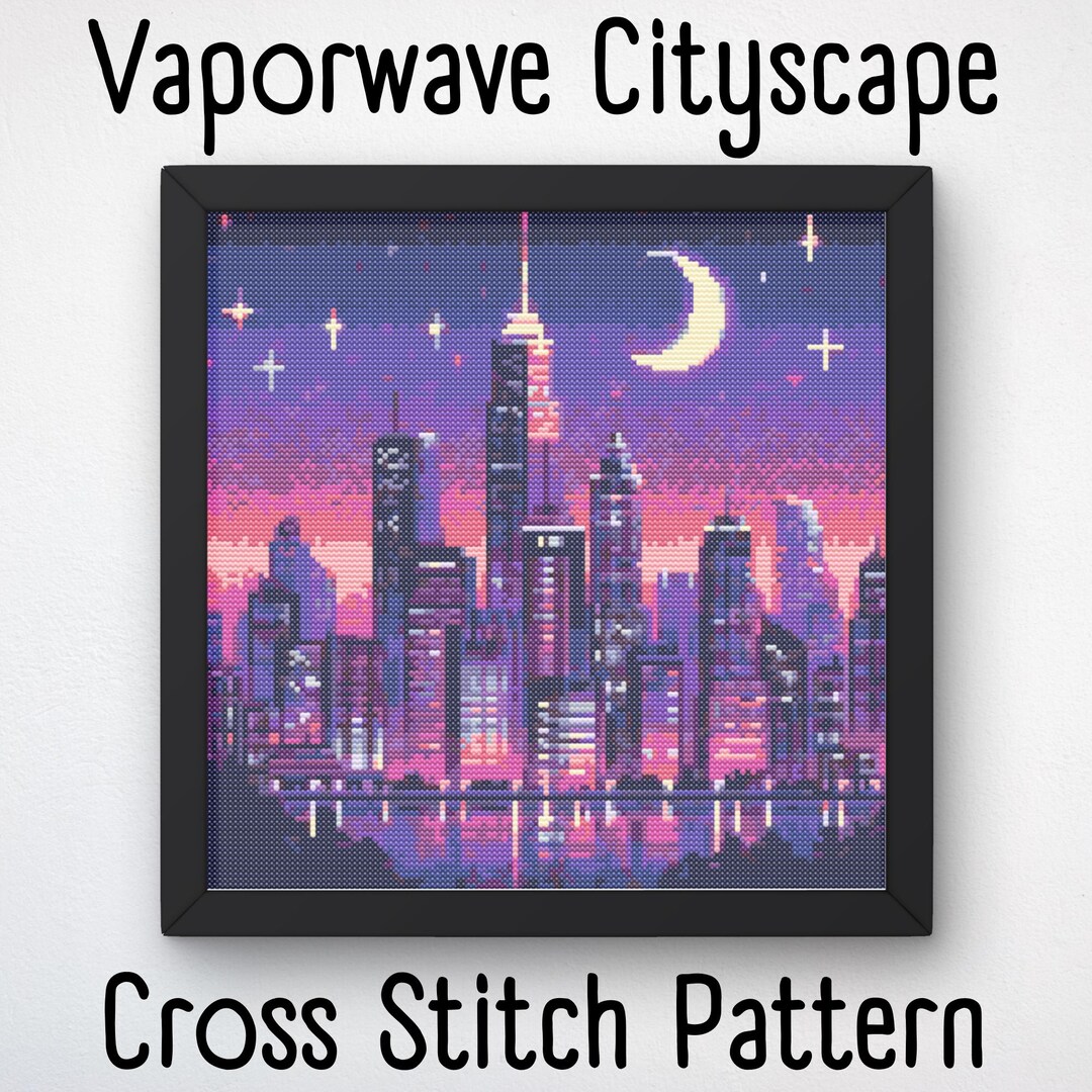 Vaporwave Cityscape Cross Stitch Pattern: 80s Retrowave Lofi (PDF ...