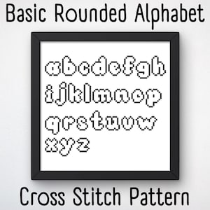 May include: Black and white cross stitch pattern of the alphabet in a rounded font. The title "Basic Rounded Alphabet" is at the top of the image and "Cross Stitch Pattern" is at the bottom.