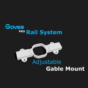 May include: A white, adjustable gable mount for a rail system. The mount has a square center and rectangular ends with circular holes. The text "Govee PRO Rail System" and "Adjustable Gable Mount" are in blue.