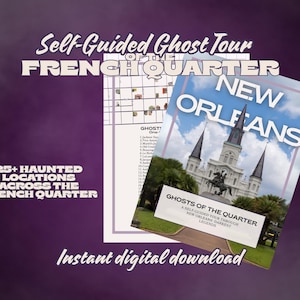 Op de afbeelding: Advertentie voor een zelfgeleide spooktocht door de Franse wijk in New Orleans. De afbeelding toont een kaart, een brochure met een kathedraalfoto en de tekst: "25+ Haunted Locations Across the French Quarter". Directe digitale download.