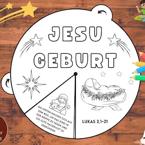 Puede incluir: Página para colorear en blanco y negro con el texto "JESU GEBURT" e ilustraciones de la escena de la natividad. Incluye texto en alemán y el versículo bíblico Lucas 2:1-21. Lápices de colores y dibujos de niños en el fondo.
