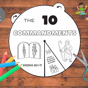 The Ten Commandments Bible Coloring Wheel Craft ENGLISH Printable Bible Activity Sunday School Homeschool Bible Lesson Spinning Wheel Kids