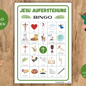 May include: A green and white bingo card with the title "Jesu Auferstehung Bingo". The card features images and text related to the Easter story, including a cross, a heart, a dove, and a lamb.