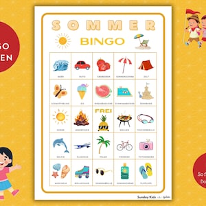 Sommer Bingo DEUTSCH Sommerspiel Kinder Bingo Spiele Sommeraktivität Familienspiel Sommerferien Kinderaktivität Kinderspiele Urlaub Strand