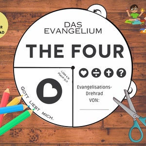 THE FOUR - Das Evangelium Bastelvorlage Drehrad DEUTSCH Bibelunterricht, Kindergottesdienst, Sonntagsschule Basteln Kindern (zum Ausdrucken)