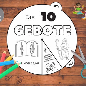 Ausmal-Rad Die 10 Gebote DEUTSCH Bibelunterricht, Kindergottesdienst, Sonntagsschule Ausmalbild Basteln mit Kindern (DIGITAL zum Ausdrucken)