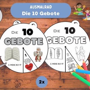 Könnte beinhalten: Ein ausdruckbares Malrad mit dem Text "Die 10 Gebote". Das Rad ist in 10 Abschnitte unterteilt, jeder mit einer anderen Illustration, die sich auf eines der Gebote bezieht. Das Rad ist so konzipiert, dass es ausgeschnitten und zu einem Drehrad zusammengesetzt werden kann.