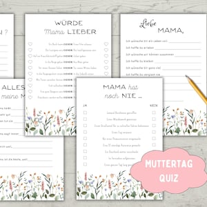 Puede incluir: Una descarga digital con tarjetas de cuestionario del Día de la Madre con bordes florales. Las tarjetas tienen preguntas para completar y un cuestionario, con texto en alemán. Un lápiz descansa en el lado derecho.
