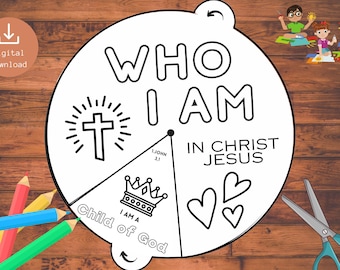 May include: A printable coloring page with a circle divided into four sections. The sections are labeled "Who I Am in Christ Jesus", "I Am a Child of God", "1 John 3:1", and a cross with a sunburst behind it. The circle has a crown on top and two hearts at the bottom.