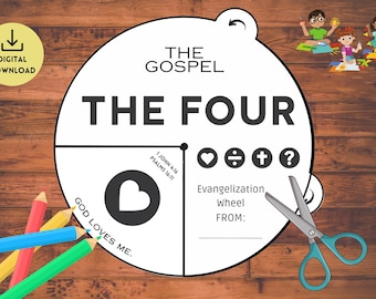 May include: A printable evangelism wheel with the text "The Gospel, The Four" and the words "God Loves Me" and "Evangelization Wheel From:"  The wheel is divided into four sections with symbols for heart, division, cross, and question mark.