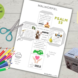 Könnte beinhalten: Eine druckbare Bastelvorlage für einen Papierwürfel mit Illustrationen und Text auf Deutsch. Der Würfel ist als visuelle Hilfe für das Unterrichten von Kindern über Psalm 23 konzipiert. Der Text auf dem Würfel enthält die Worte "Der Herr ist mein Hirte" und "mir wird nichts mangeln".
