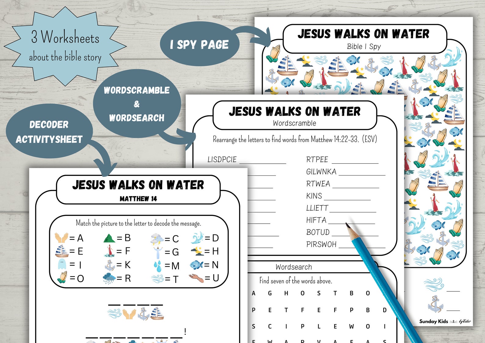Jesus Walks on Water ENGLISH Activitysheet Pack of 3 Wordsearch Puzzle ...