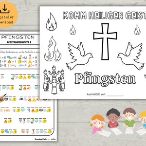 Op de afbeelding: Een zwart-witte kleurplaat met de tekst "Komm Heiliger Geist" en "Pfingsten". De pagina toont een kruis, duiven, vlammen en een groep mensen met opgeheven handen. De tekst "Ausmalbild von:" staat onderaan de pagina.