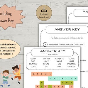May include: A collection of printable activity sheets for Sunday School, Bible lessons, and homeschooling. Includes an answer key, word searches, and Bible I Spy games. Features colorful illustrations and the text "Fun Activitysheets for Sunday School, Bible Lesson and Homeschool!"