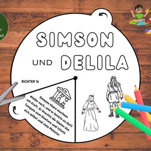 Könnte beinhalten: Schwarz-Weiß-Illustration eines Story-Rads mit dem Text "SIMSON UND DELILA" und "RICHTER 16". Das Rad ist teilweise mit einer Zeichnung eines Tempels, Figuren und Text koloriert. Buntstifte und eine Schere sind ebenfalls vorhanden.