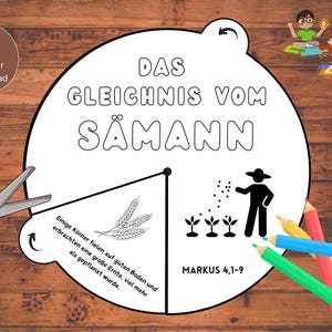 Peut inclure: Un graphique éducatif circulaire blanc avec le texte allemand "DAS GLEICHNIS VOM SÄMANN" et des illustrations de blé, d'un agriculteur et de plantes. Comprend des crayons de couleur, des ciseaux et le texte "MARKUS 4,1-9".
