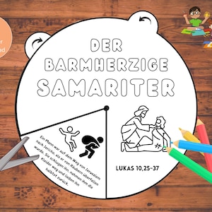 Der barmherzige Samariter Ausmalrad Bastelvorlage DEUTSCH Gleichnis von Jesus Bibel Kinder Basteln Ausmalbild Kinderkirche Sonntagsschule