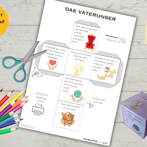 Può includere: Un modello stampabile per un cubo di carta con il Padre Nostro in tedesco. Il cubo è diviso in sei sezioni, ciascuna con un'illustrazione diversa e una riga della preghiera. Il modello è progettato per i bambini e include istruzioni per assemblare il cubo.