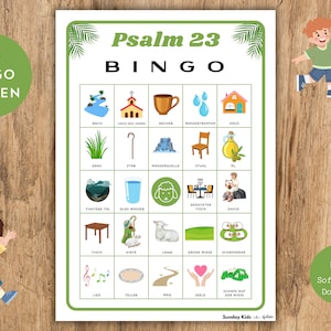 Könnte beinhalten: Eine grüne und weiße Bingokarte mit Bildern und deutschen Wörtern zum Psalm 23. Die Wörter beinhalten "Bach", "Haus des Herrn", "Becher", "Wassertropfen", "Hirt", "Lamm", "Grüne Wiese", "Schäfer", "Lied", "Teller", "Weg", "Seele", "Schöpfe Ruf Der Wiese".