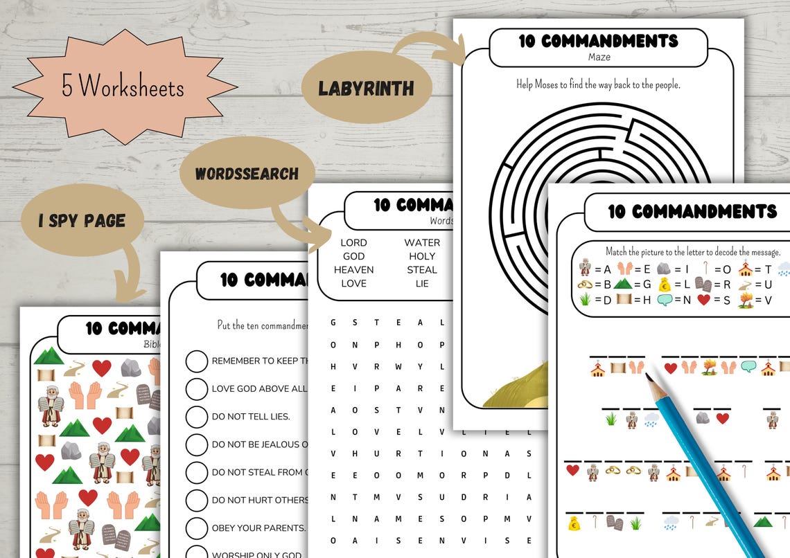Ten Commandments Activitysheet Pack of 3 ENGLISH I Spy Page Wordsearch ...