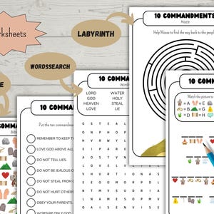 May include: A collection of five worksheets with various activities, including a maze, word search, and I Spy page. The worksheets feature the text "10 Commandments" and related illustrations, with a blue pencil resting on one.