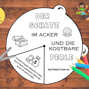Könnte beinhalten: Schwarz-Weiß-Illustration mit deutschem Text, die eine Schatzkiste, eine Perle und einen Geldsack zeigt. Der Text enthält "DER SCHATZ IM ACKER UND DIE KOSTBARE PERLE" und "MATTHÄUS 13,44-46". Schere und Buntstifte sind ebenfalls vorhanden.