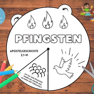 Pfingsten Ausmalrad Bastelvorlage DEUTSCH Basteln Kindern Ausmalbild Pfingstgeschichte Kinderkirche Sonntagsschule Bibelunterricht Pfingsten